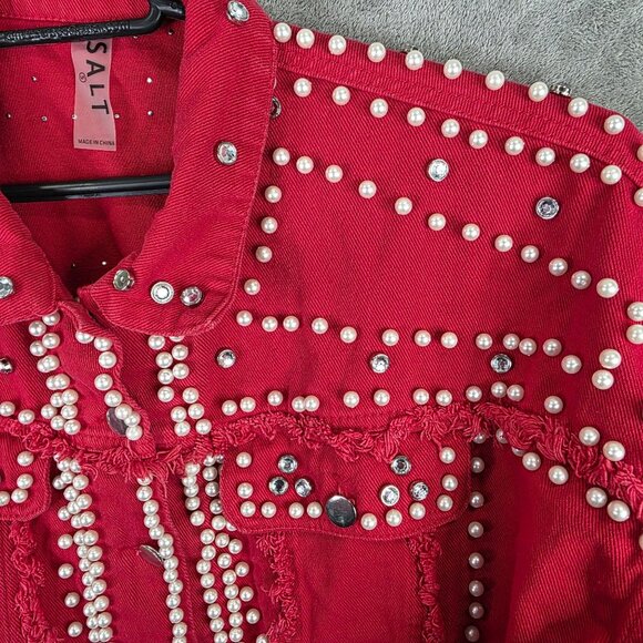 Womens Salt Red Pearl & Rhinestone Embellished Cropped Denim Jacket Button Up S - Picture 4 of 8